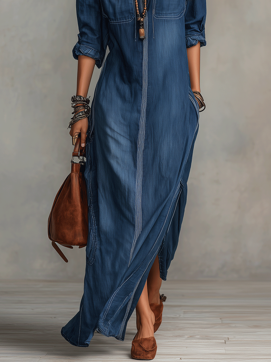 Relaxed Chic Washed-Denim Deep-V Pocket Long-Sleeve Indigo Maxi Dress