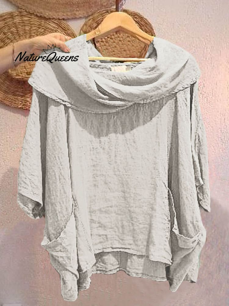 Women's Solid Color Draped Neck 3/4 Sleeve Comfortable Casual Linen Pocket Top