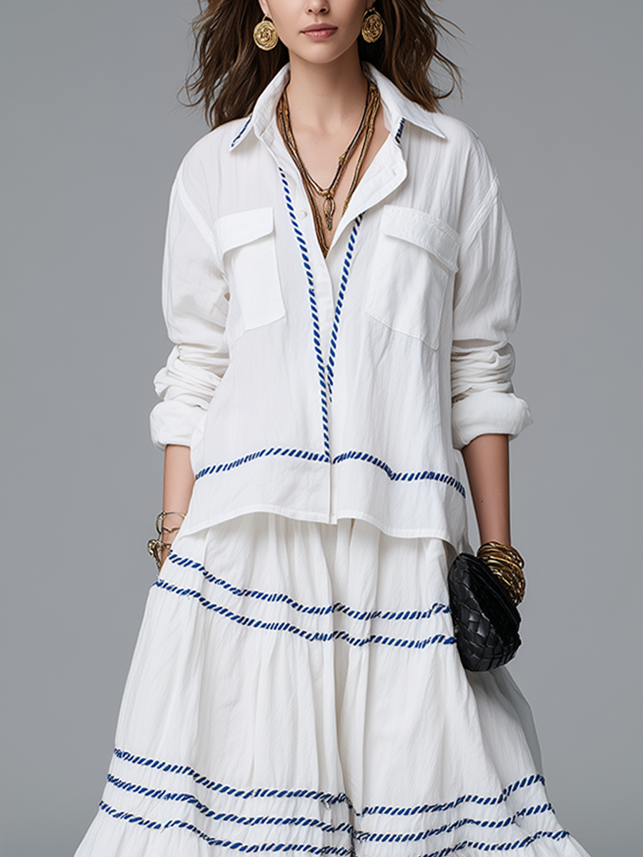 Bohemian Style Cotton And Linen White Midi Skirt Suit