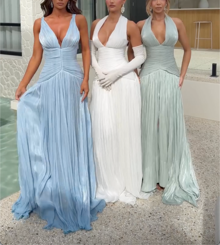 Pleated Shiny Satin Bridesmaid Maxi Gown, Light Blue White Sage Green, Deep V Neck 2 Styles Spaghetti Strap & Halter Formal Wedding Guest Long Dress