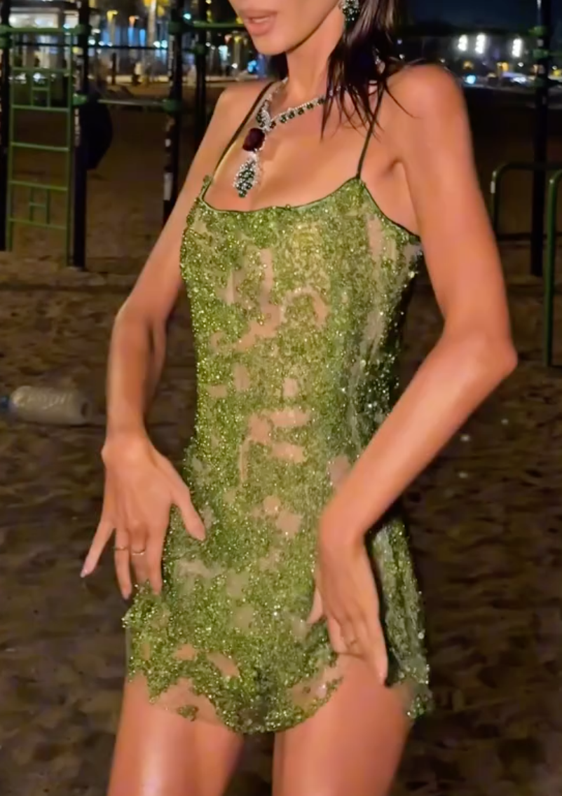 Olive Green Glitter Sheer Spaghetti Strap Mini Dress