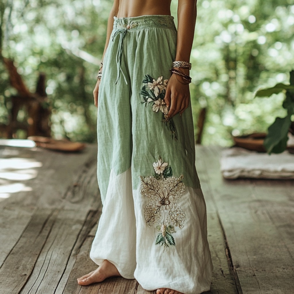 Vintage Bohemian Forest Floral Art Printed Cotton Linen Wide Leg Pants