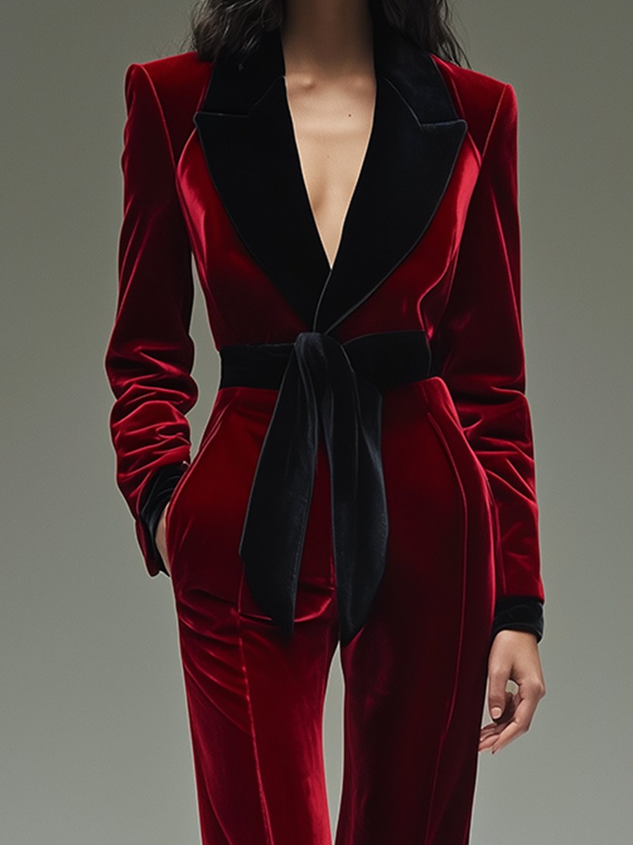 [24-hour shipping out]Retro Fashion Lapel Belt Different Color Velvet Stitching Jumpsuit