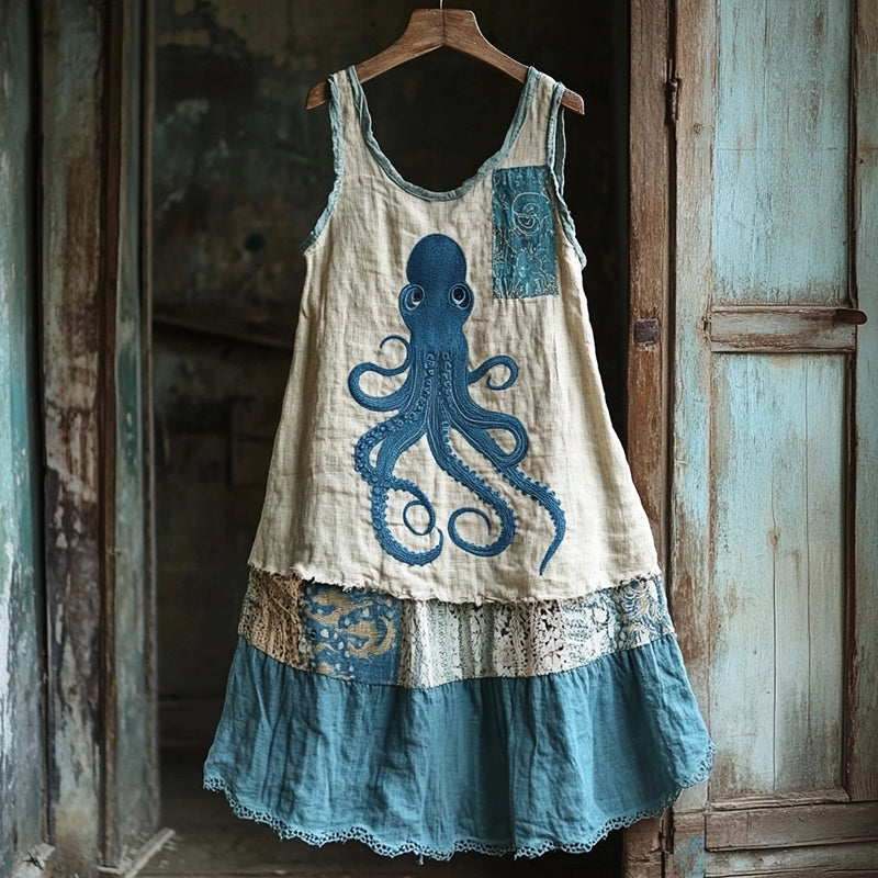 Octopus Embroidered Patchwork Art Linen Blend Dress