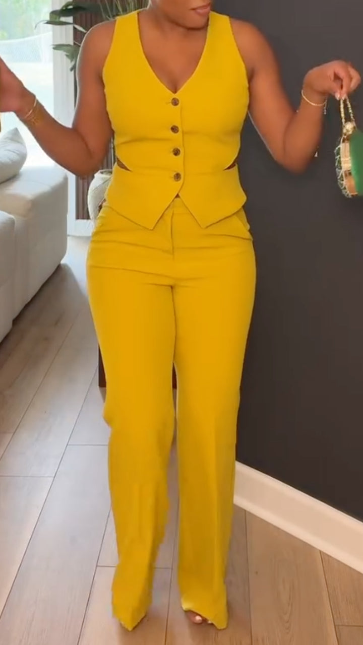 V-Neck Cutout Sleeveless Vest + High-Waisted Flared Trousers Set