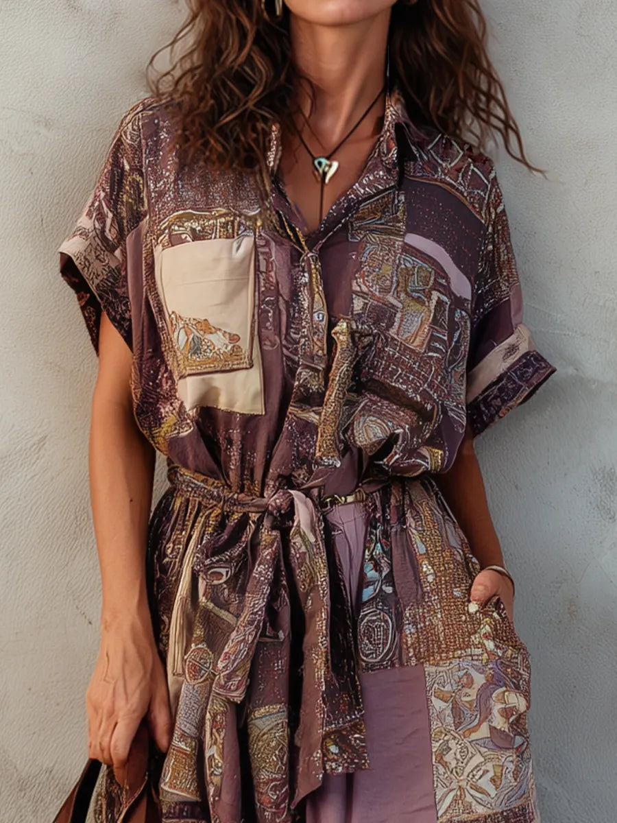 Vintage Patchwork Belted Midi Dress