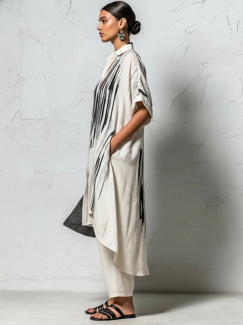 Loose-fit Casual Two-piece Set: Artistic Print Linen & Cotton Long Shirt And Trousers