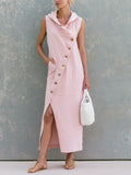 Resort Chic Asymmetric Button Front Hooded Maxi Dress