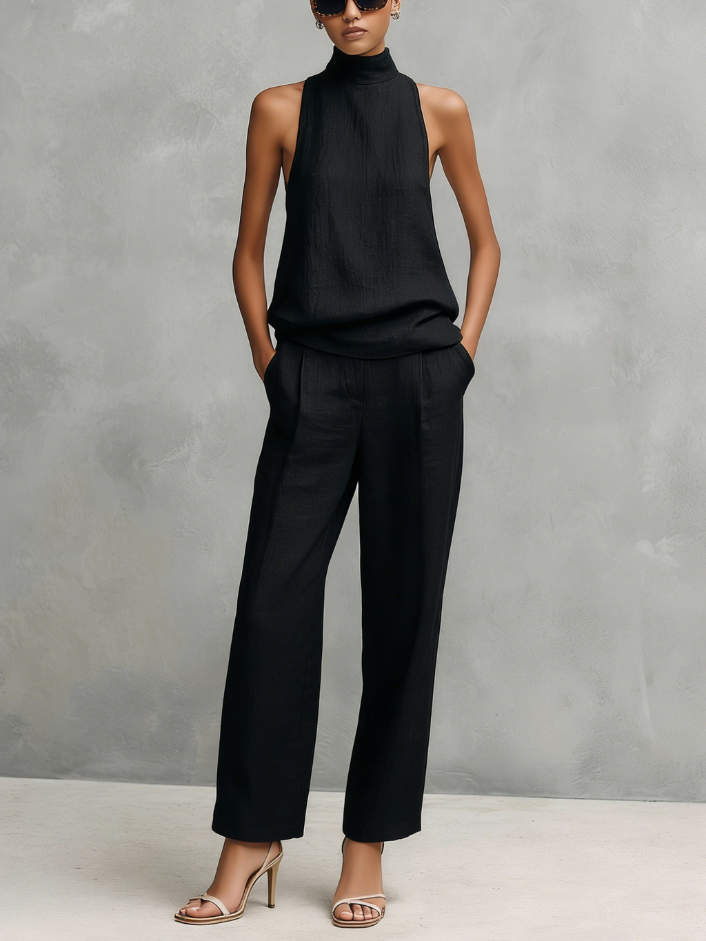 Women's Elegant Black Cotton And Linen Round-neck Sleeveless Top And Trousers Set