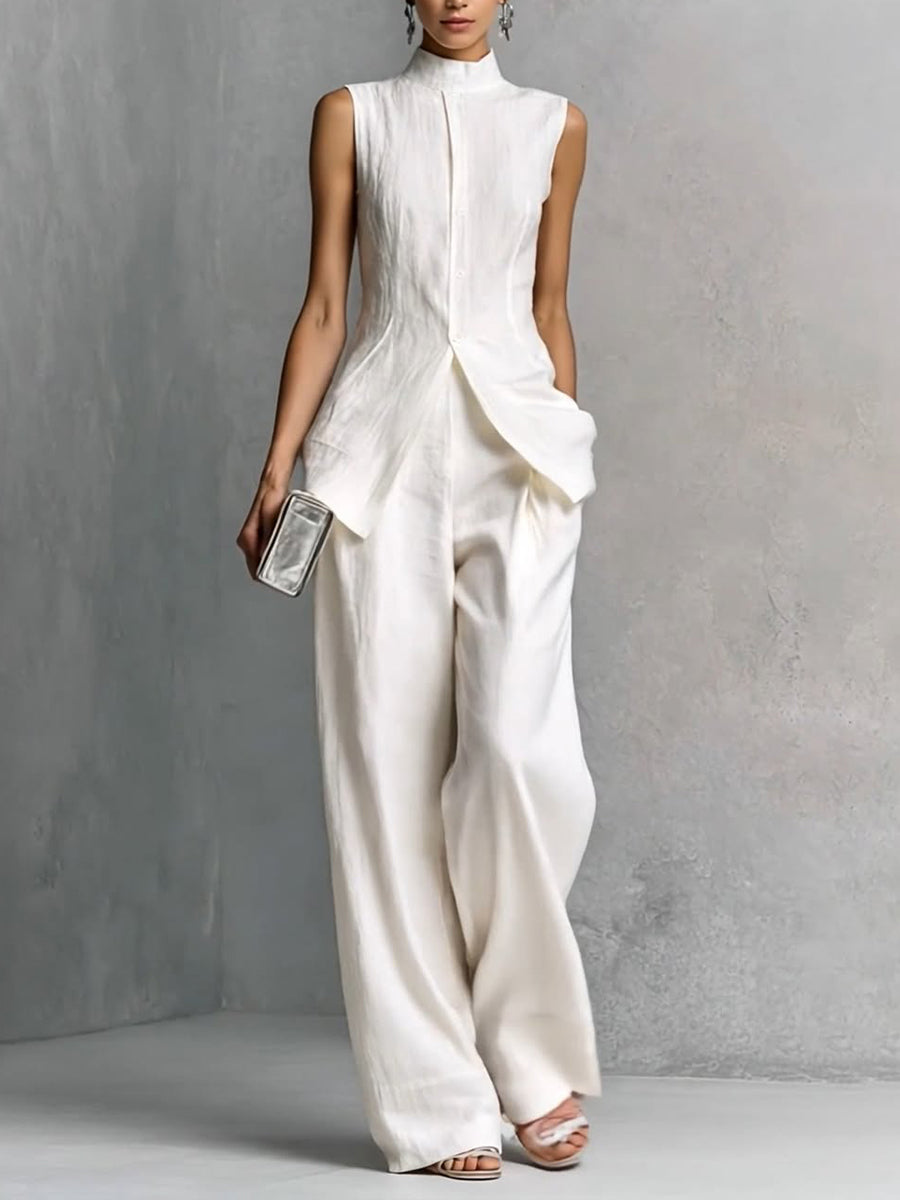 Stylish Slim-fit Sleeveless Linen And Cotton Two-piece Set