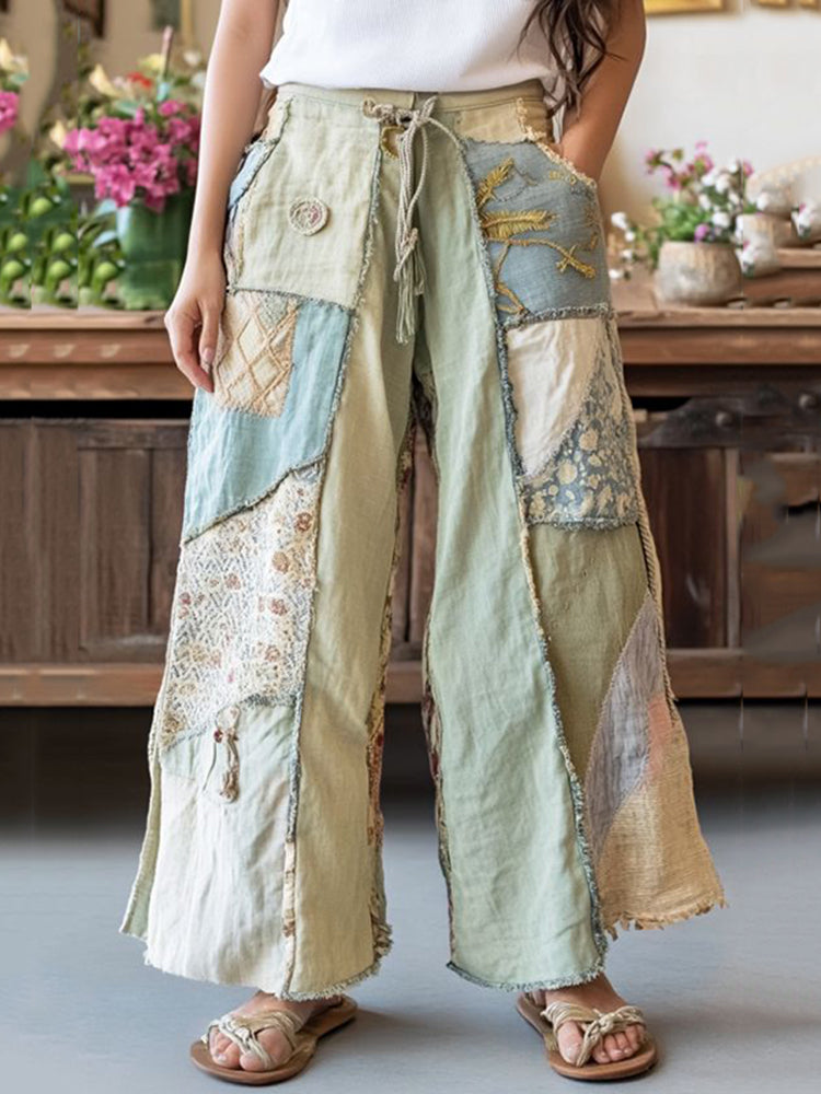 Vintage Floral Patchwork Linen Blend Casual Pants