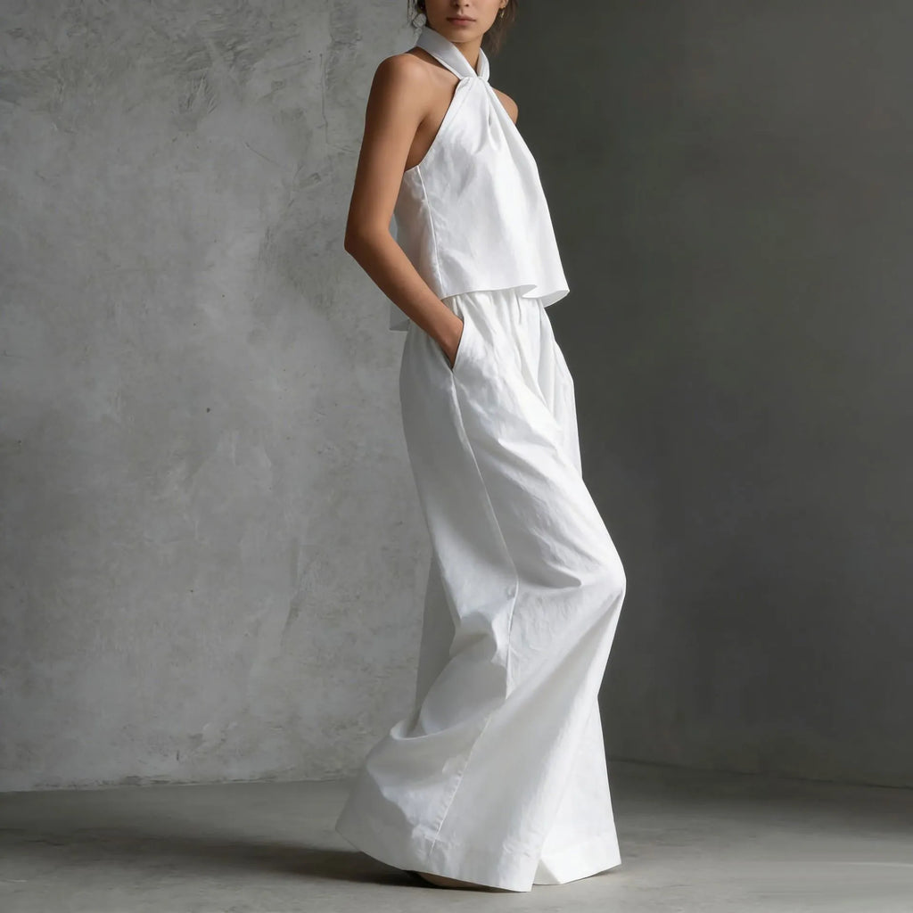 Minimalist Halter Neck Two-Piece Set - Chic Sleeveless Crop Top & High-Waisted Wide-Leg Pants Summer Suite