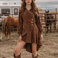 Women's Retro Western Suede V-Neck Dress With Short Front And Long Back