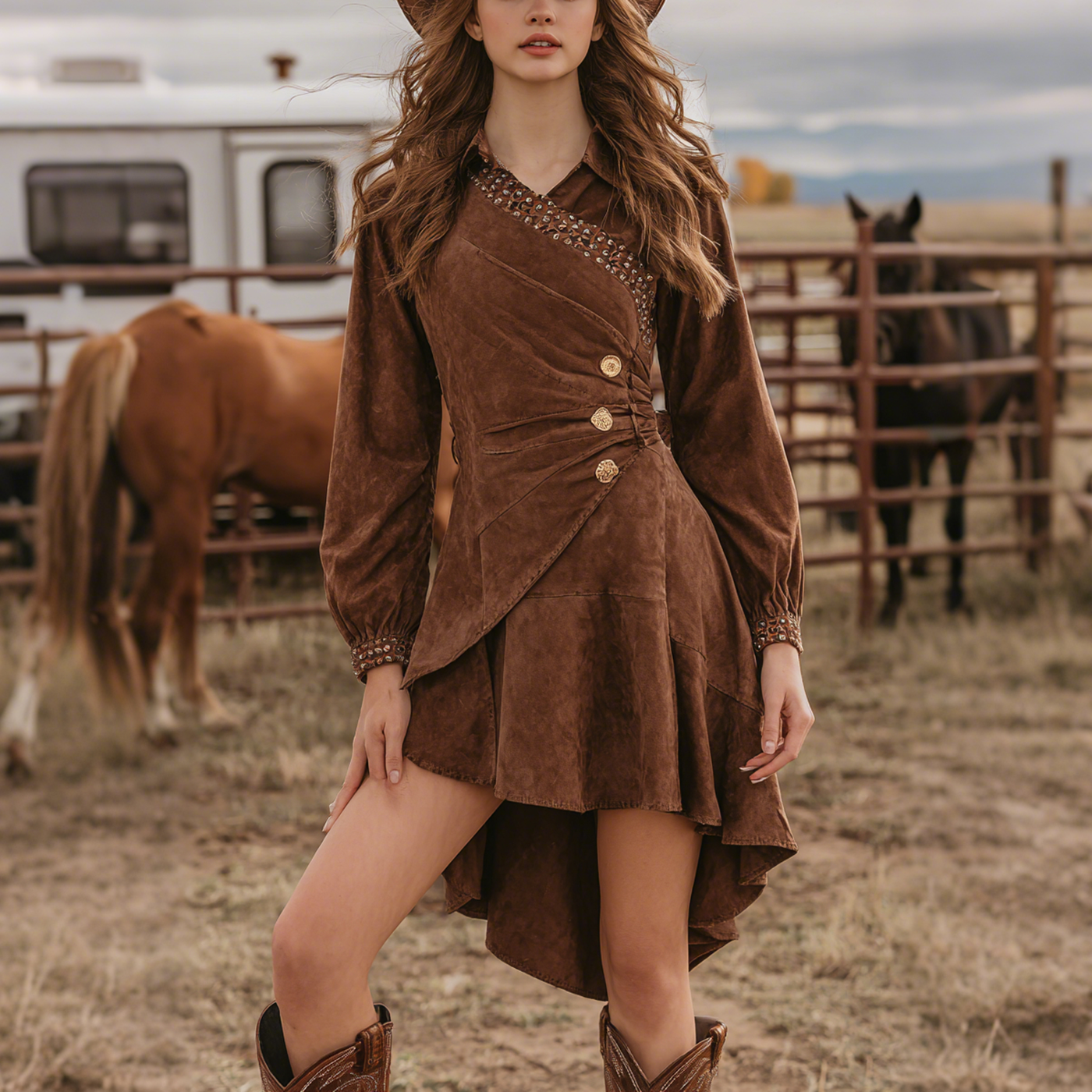 Women's Retro Western Suede V-Neck Dress With Short Front And Long Back