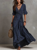 Elegant Navy Pinstripe Wrap Maxi Dress