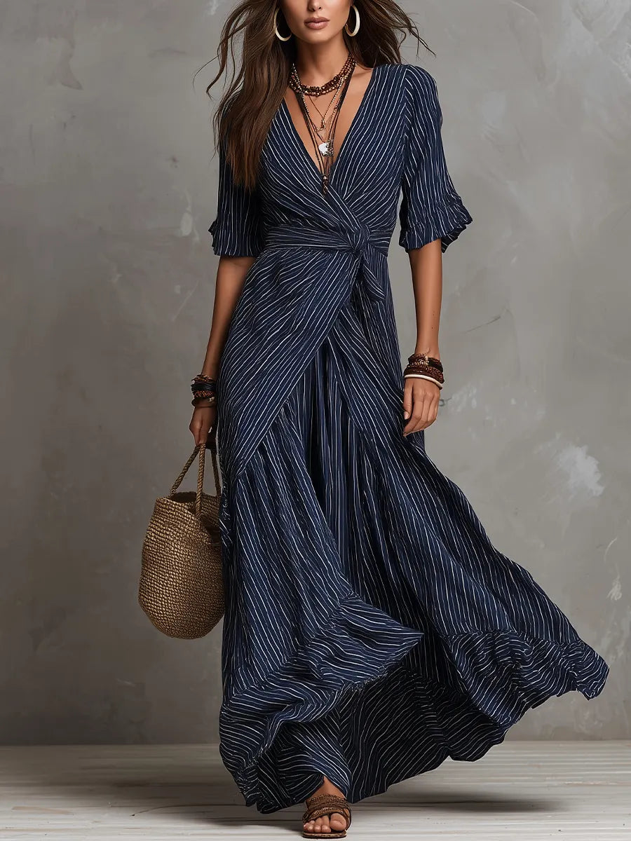 Elegant Navy Pinstripe Wrap Maxi Dress