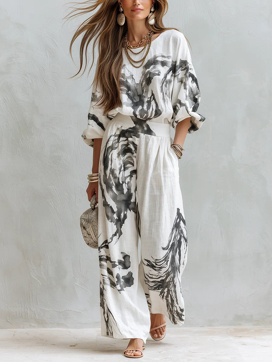 Bohemian Style Abstract Print Top And Wide Leg Pants Set