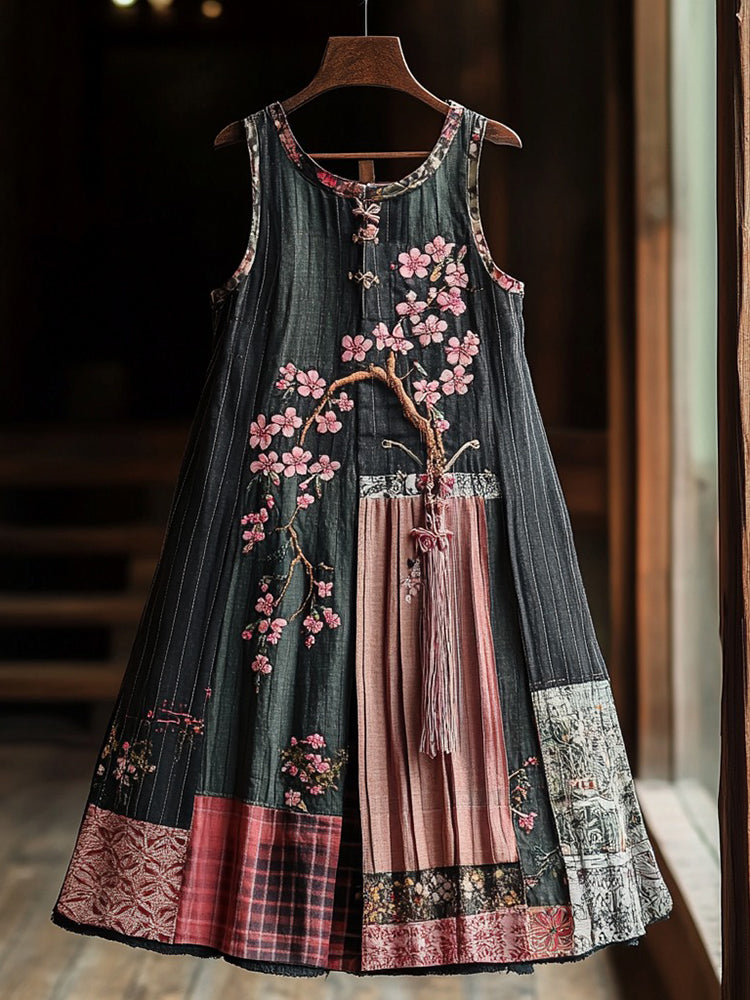 Women's Cherry Blossom Embroidery Patchwork Art Linen Tank Dress 815d