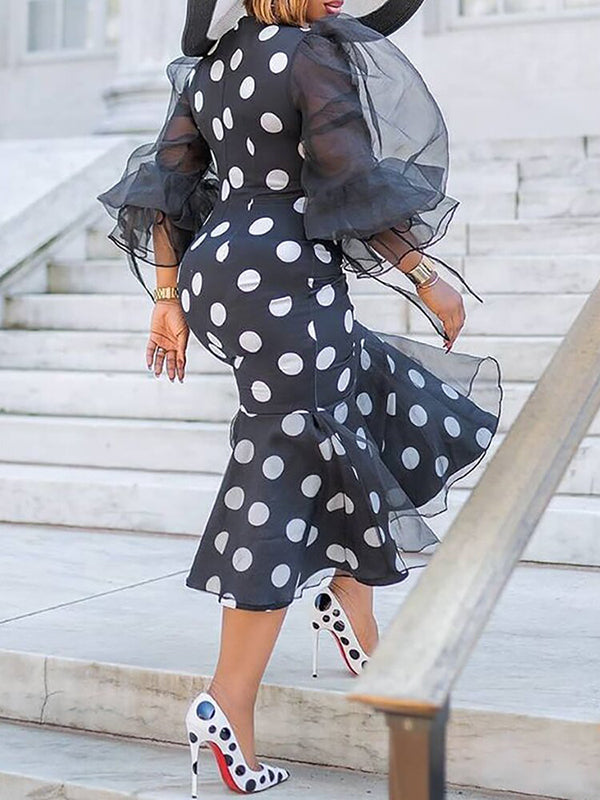 Round-Neck Puff Sleeve Mesh Polka-Dot Falbala Wrap Midi Dress