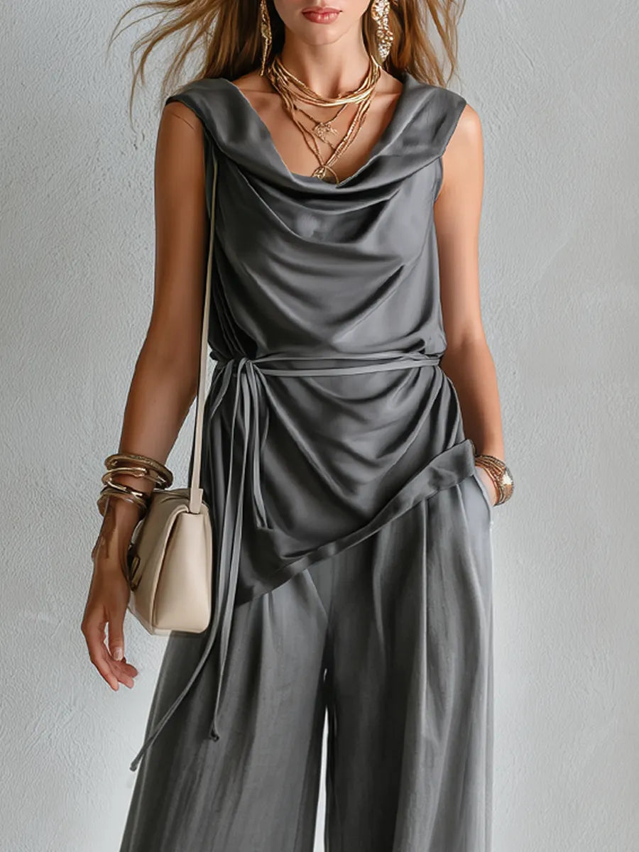 Bohemian Grey Pleated Neck Wide-Leg Trouser Suit