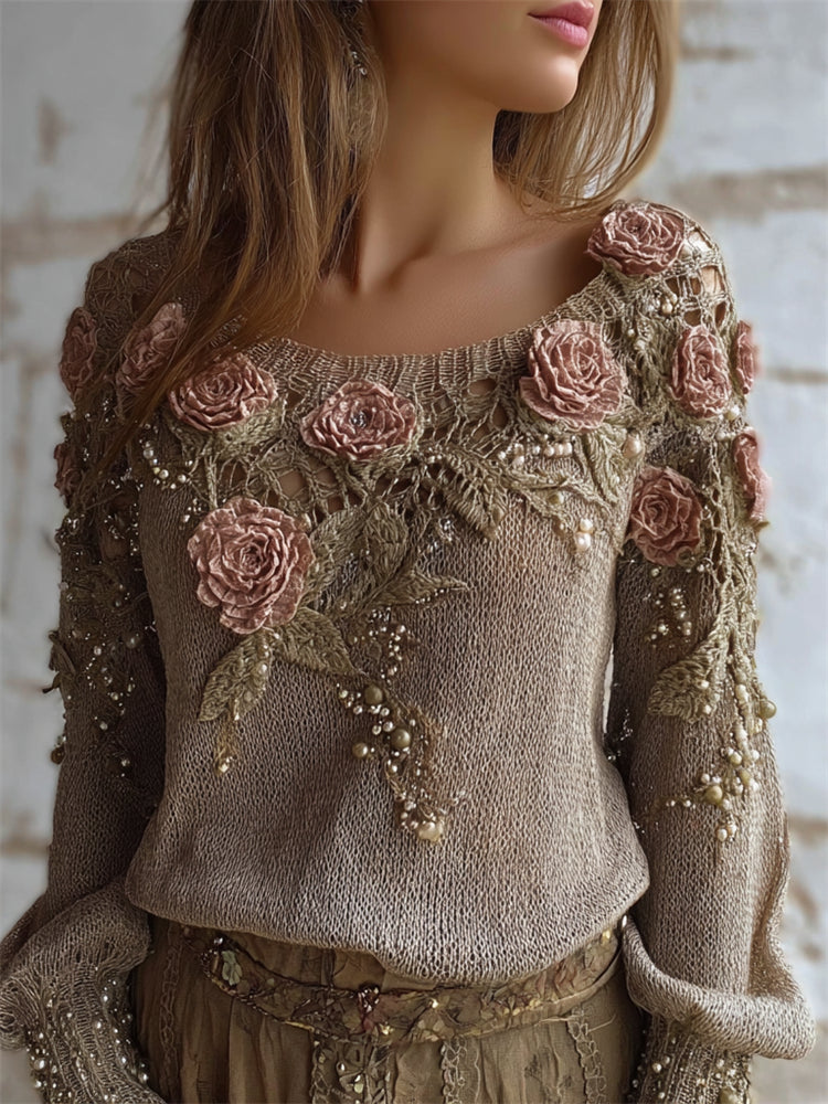 Vintage Roses Pearls Embroidered Cozy Knit Sweater