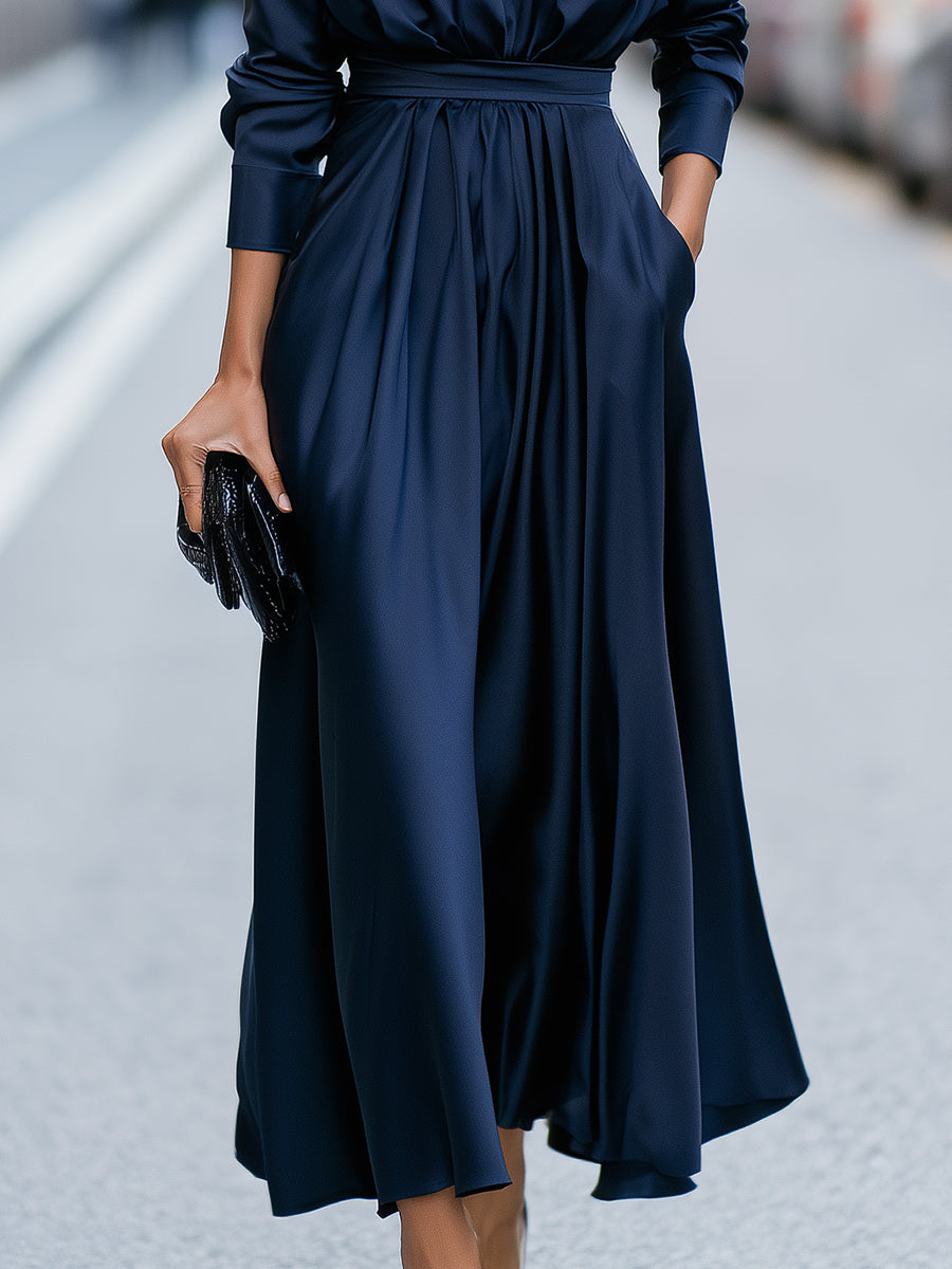 High Neck Gathered Waist A-Line Maxi Dress