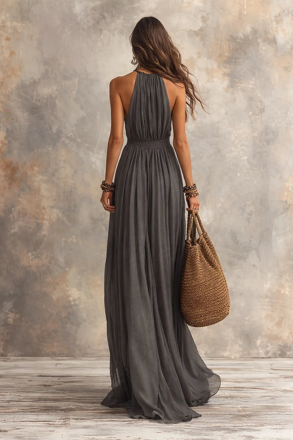 Refined Bohemian Draped Halter Maxi Dress