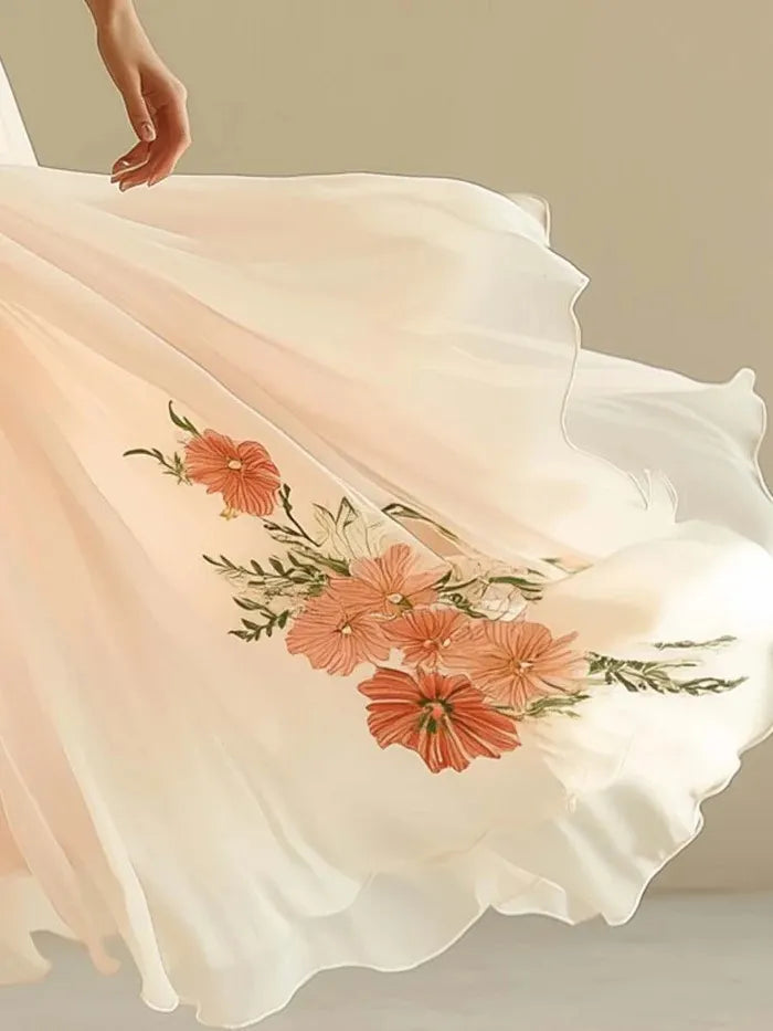 Women's Elegant Pleated Round-Neck Maxi Dress - Minimalist Tiered Ruffle Hem Flowy Sundress - Ethereal Loose Fit Party Dress