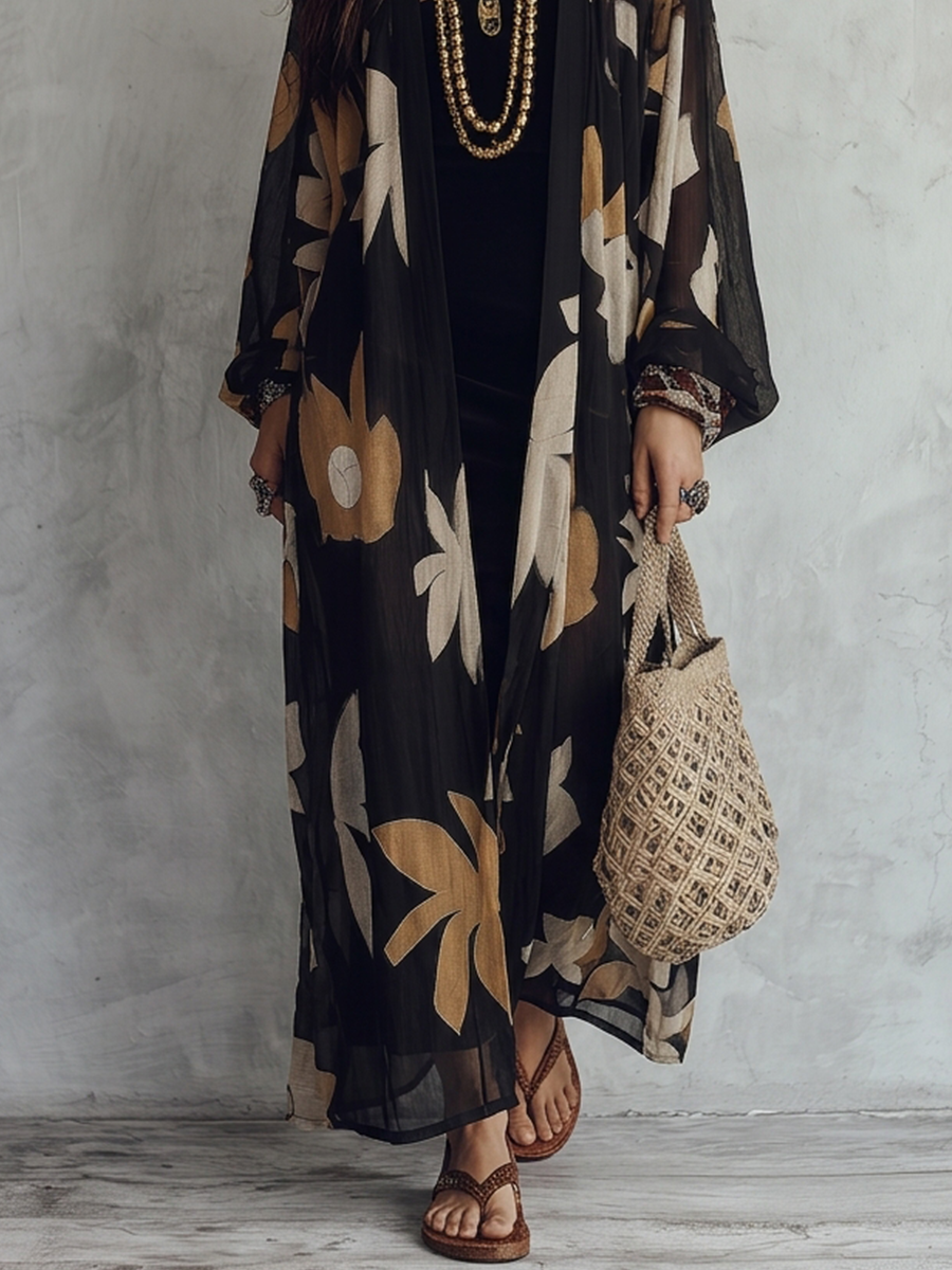 Boho Long Sleeve Maxi Duster Cardigan Cover-Up