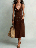Elegant Vacation Chocolate Brown Tailored Utility Midi Dress
