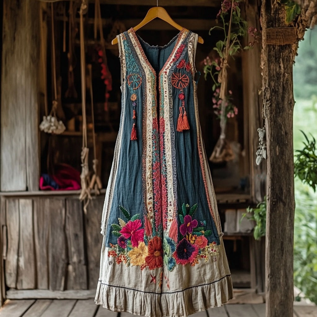 Women's Vintage Colored Floral Embroidery Tassel Art Patchwork Dress