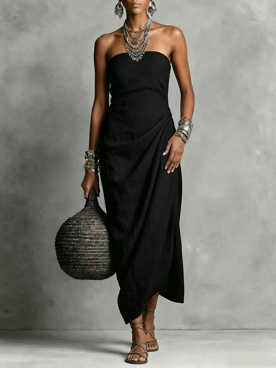 Women's Elegant Strapless Ruched Linen Cotton Dress