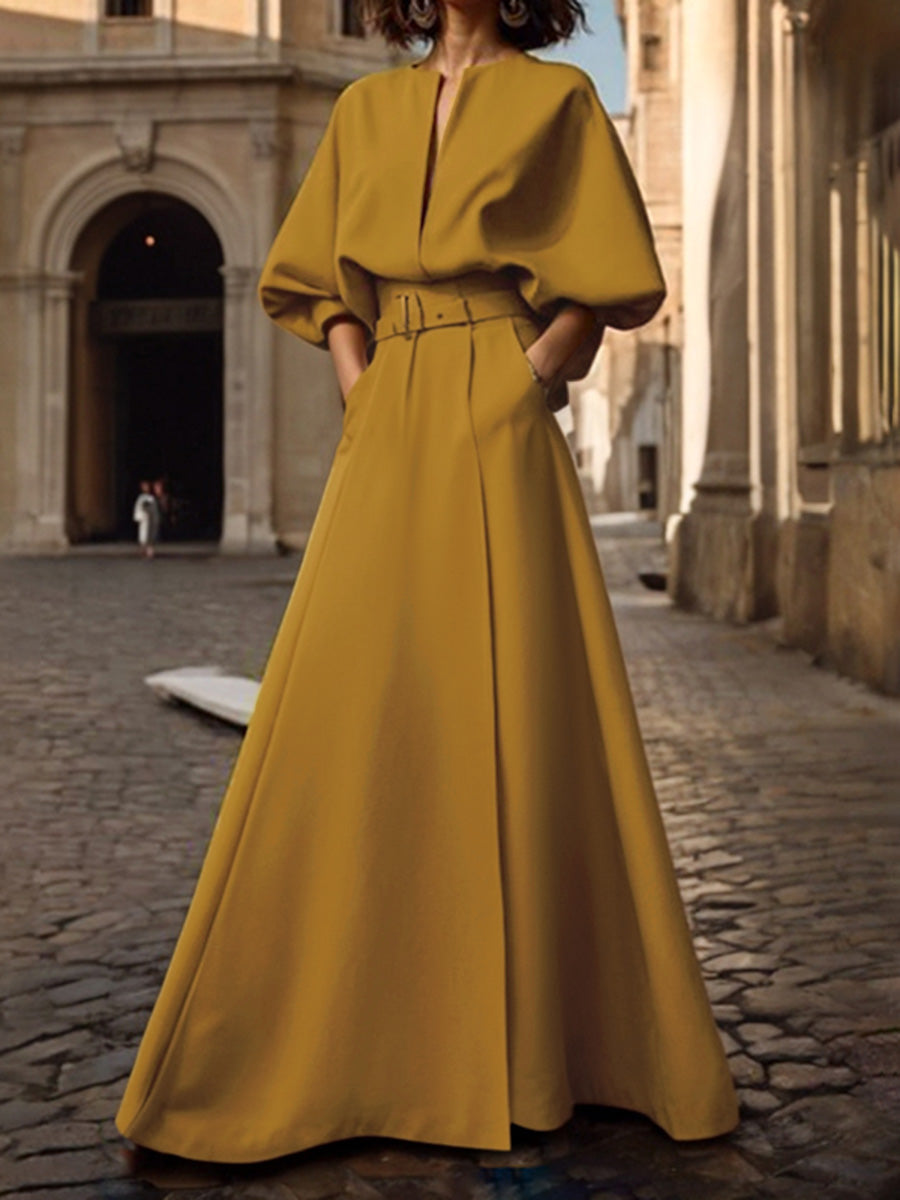 Half Sleeves Loose Belted Solid Color Deep V-Neck Maxi Dresses