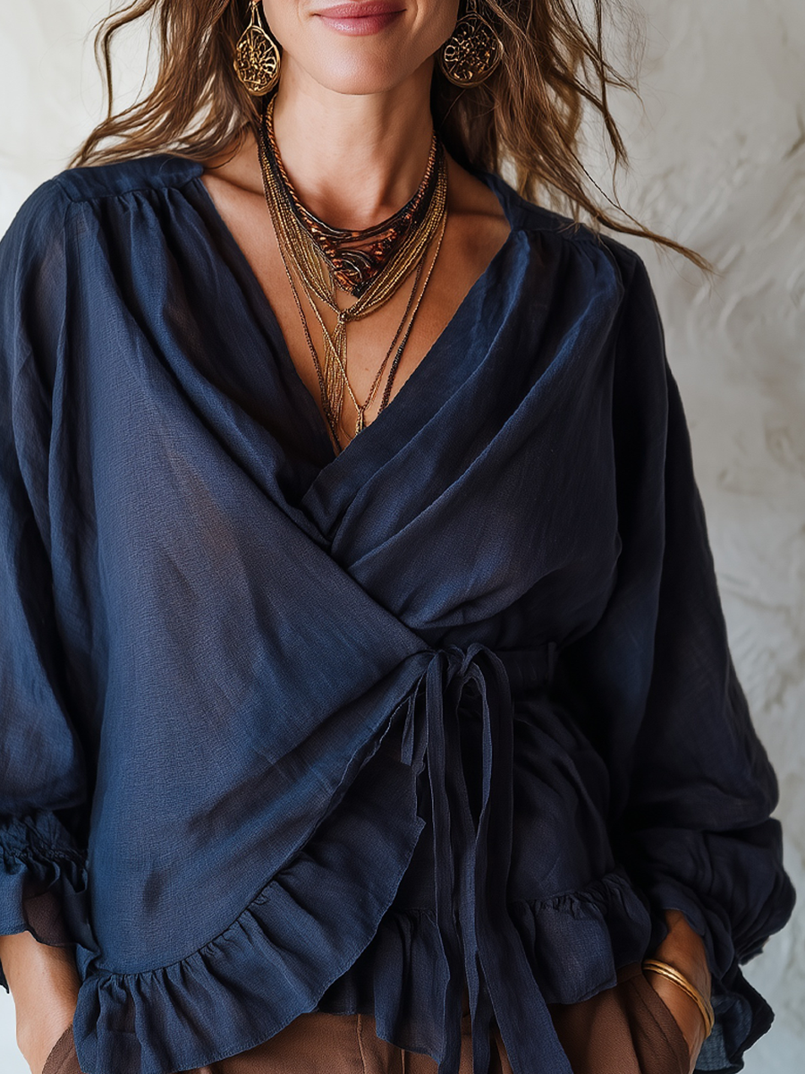 Bohemian Midnight Blue Cotton Linen Ruffle Shirt