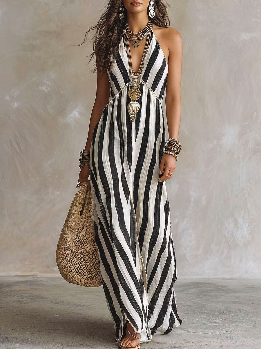 Women's Striped Art Print Casual Cotton Linen Dress