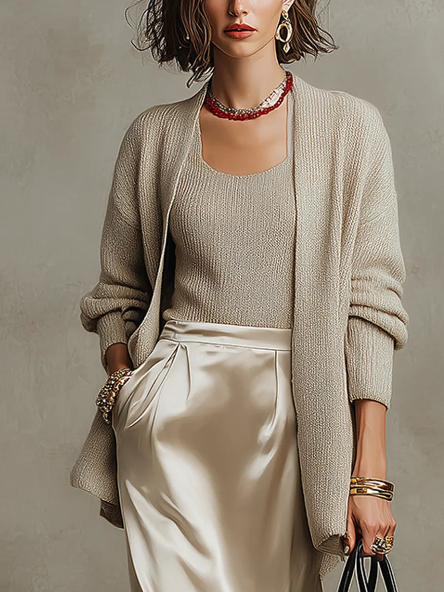 Bohemian Oatmeal Knit Top And Satin Skirt Set
