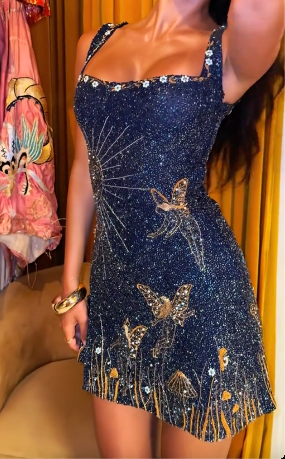 Navy Blue Glitter Mini Dress with Gold Beaded Butterfly Embroidery & Square Neck