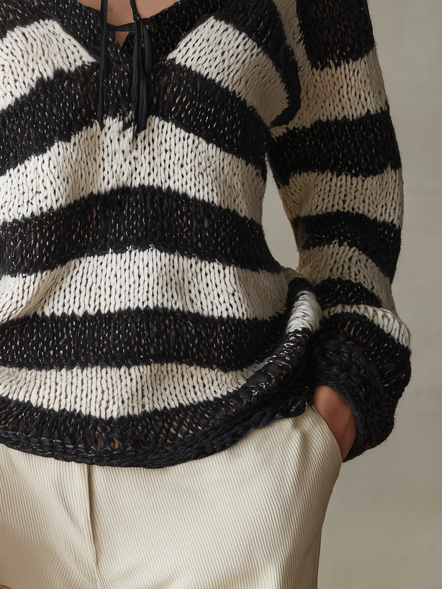 Chic Striped Lace-Up Knit Sweater