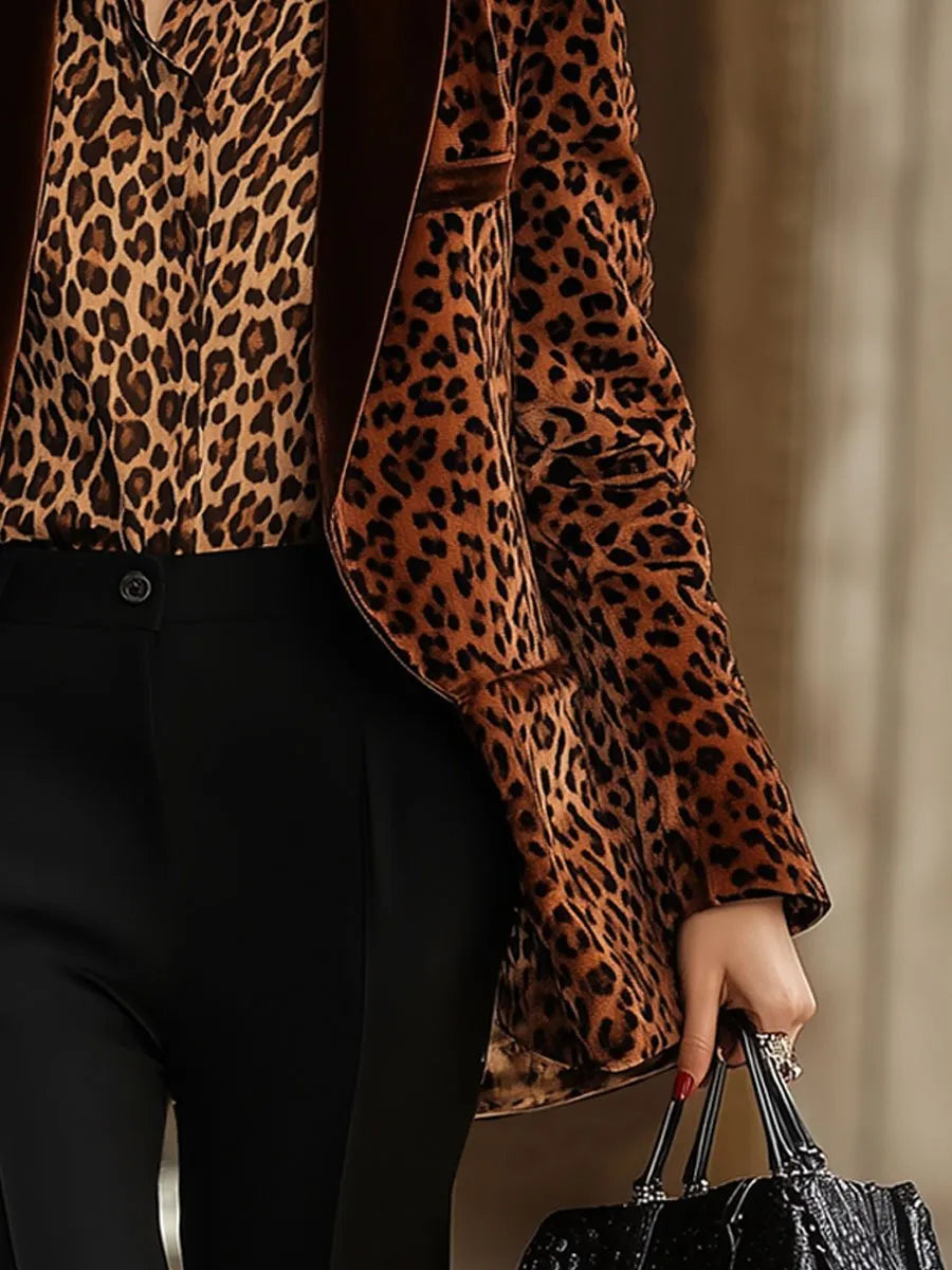 [24-hour shipping out]Casual Loose Retro Velvet Leopard Print Lapel Blazer