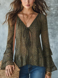 Elegant Olive Leopard Ruffle Sleeve Blouse
