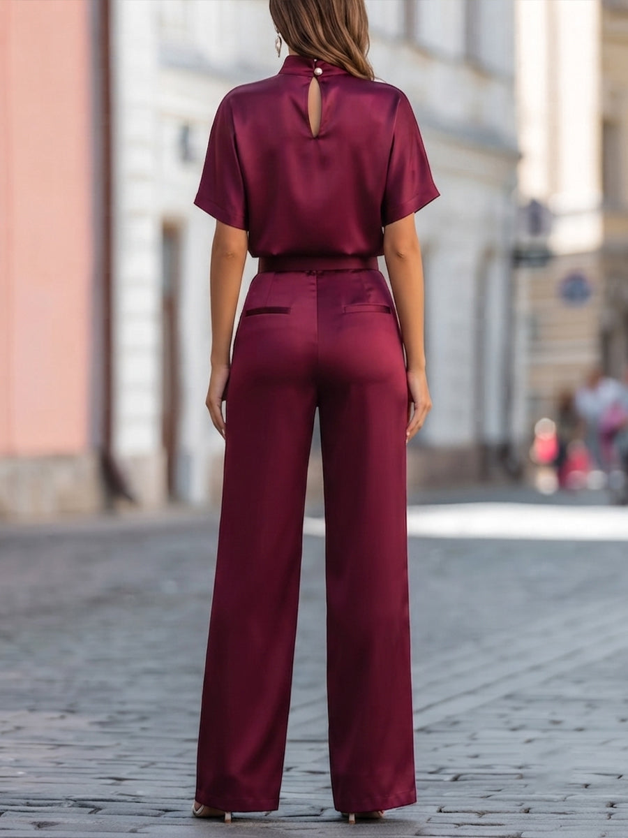 High-Neck Satin Top & Pleated Wide-Leg Trouser Set