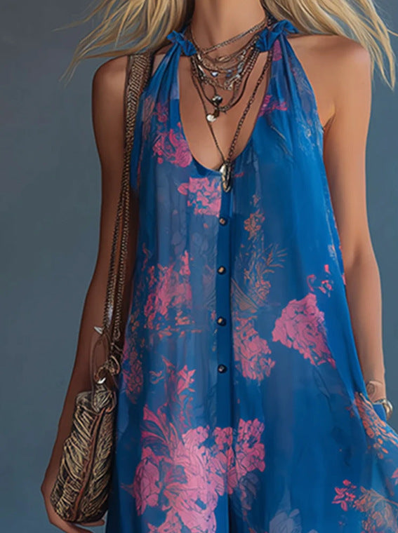 Floral Print Halter Chiffon Maxi Dress