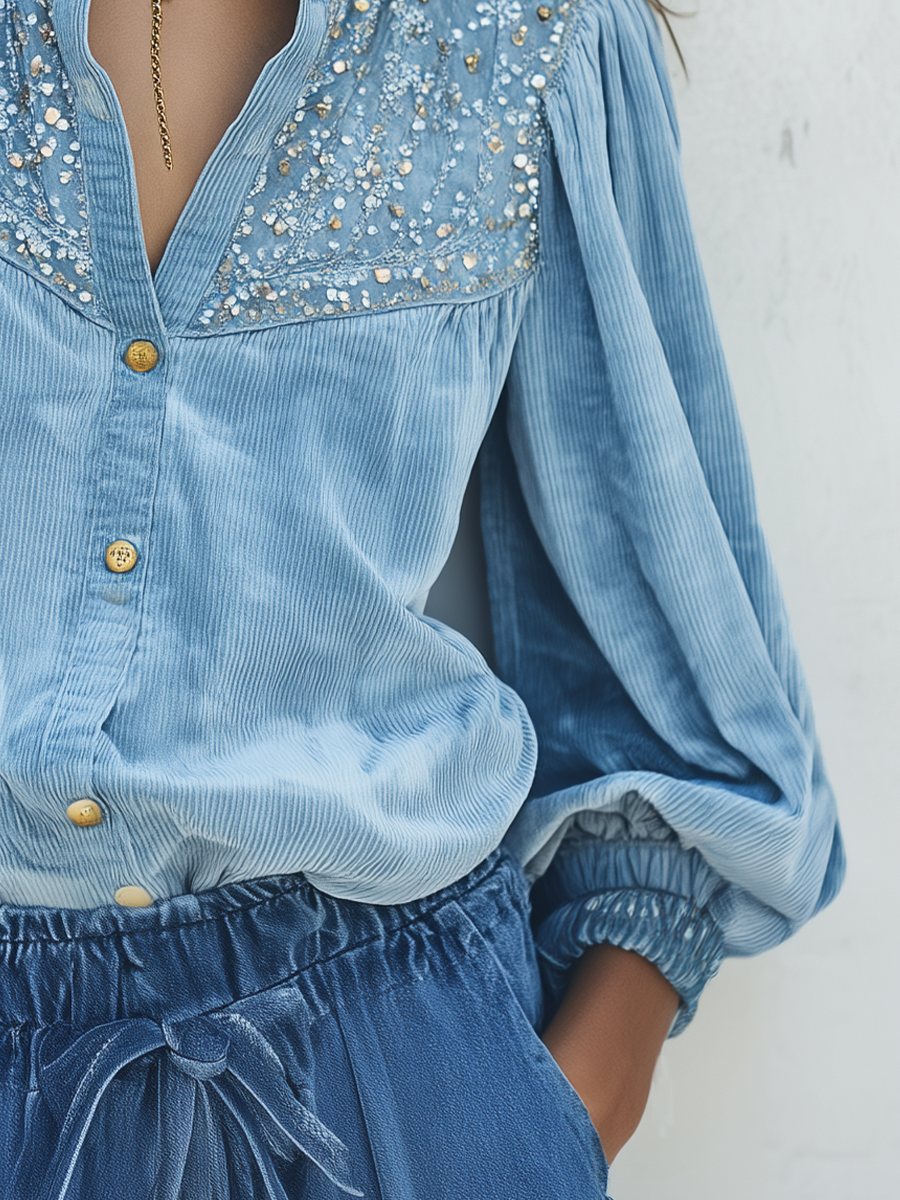 Vintage Light Blue Button Front Blouse