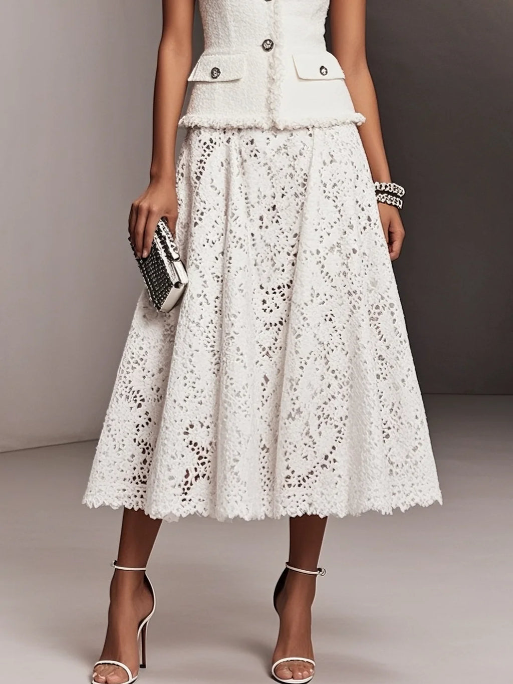 Women Tweed White Buckle Pocket Stitching Crew Neck Sleeveless Dressy Coat With Skirt Two-Piece Set