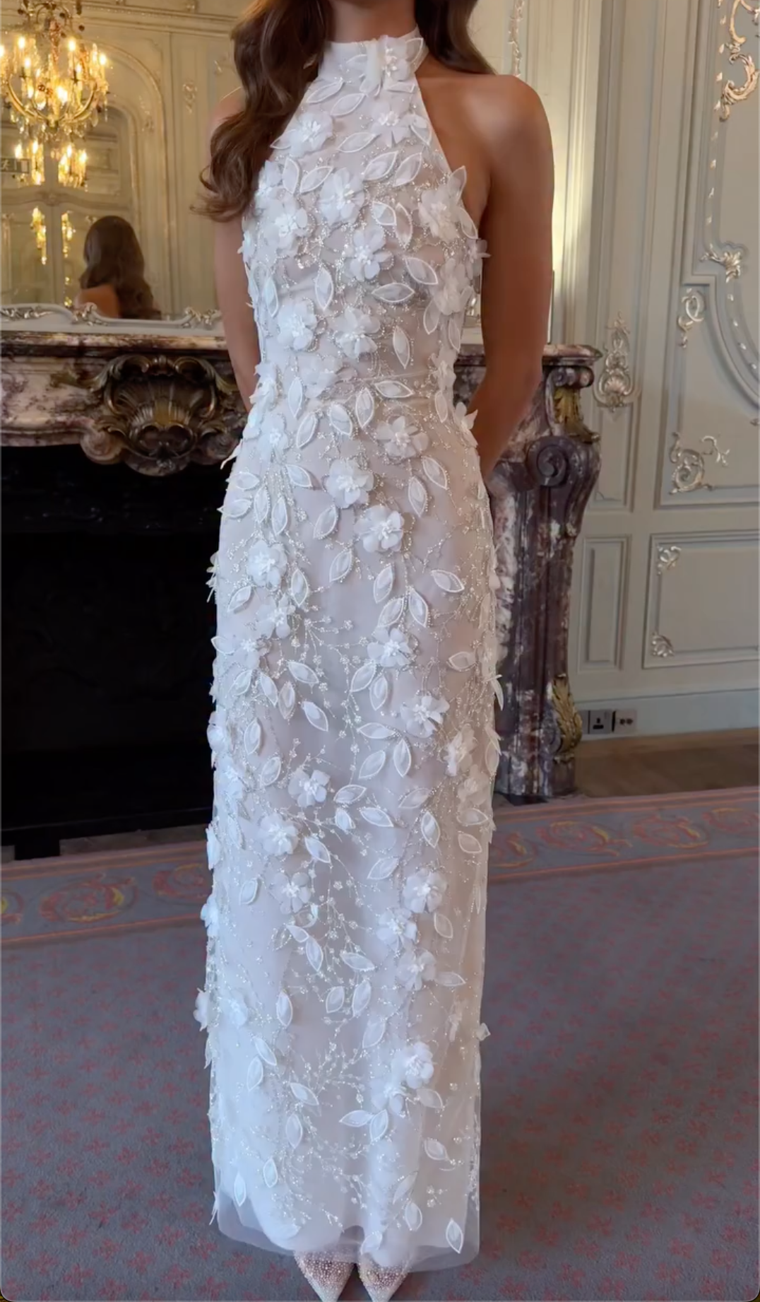 White Halter Neck Maxi Dress with 3D Floral Appliqués & Beading
