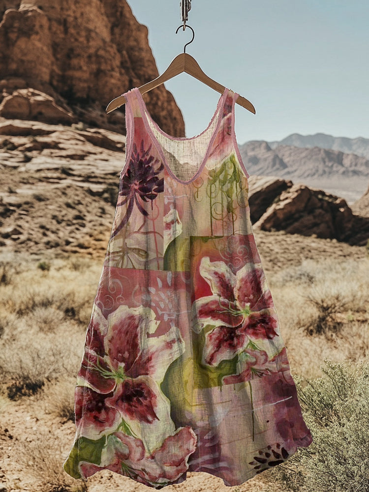 Abstract Creative Floral Art Linen Blend Tank Dress d383