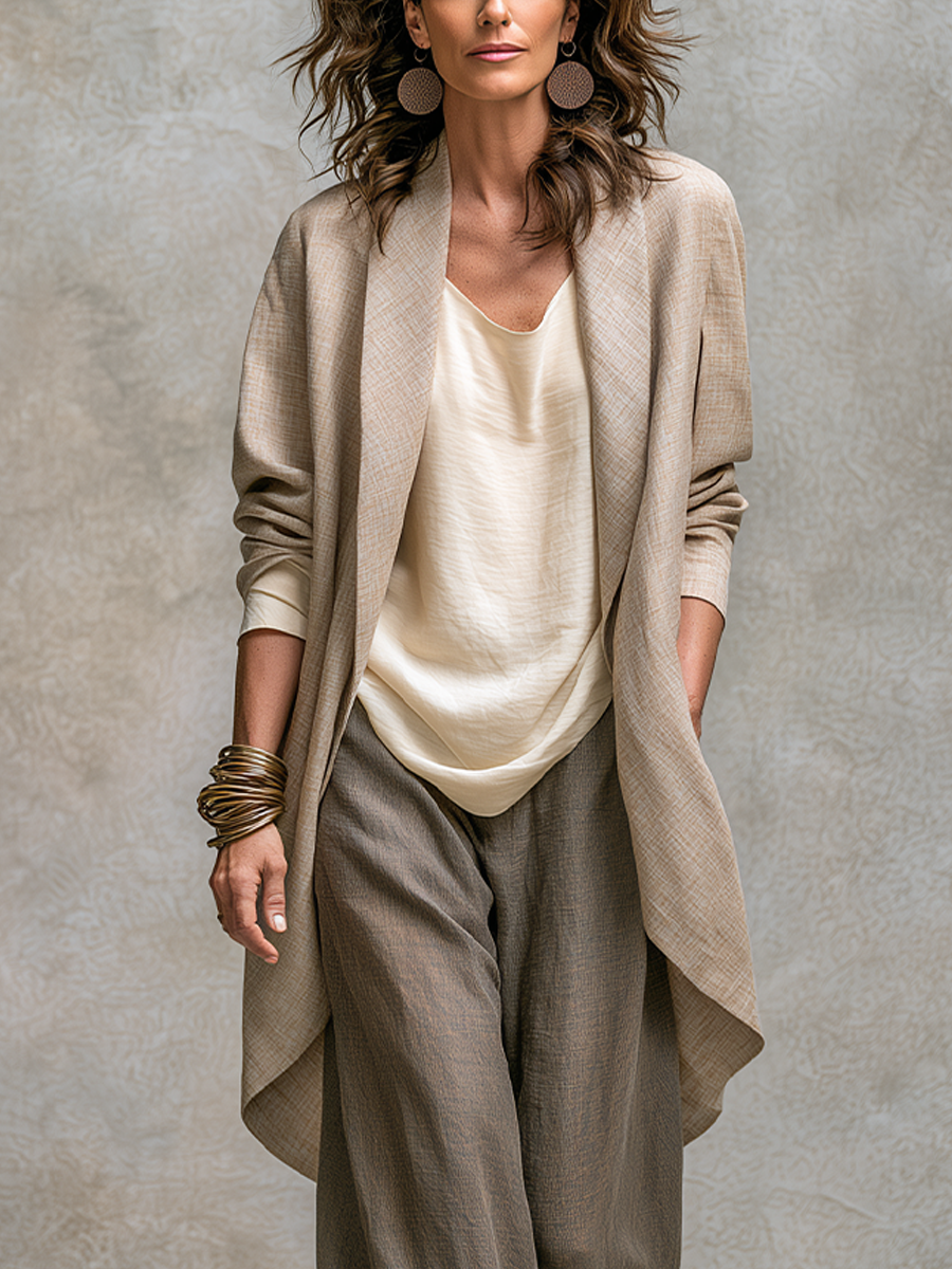 Bohemian Gray Beige Linen Three Piece Suit