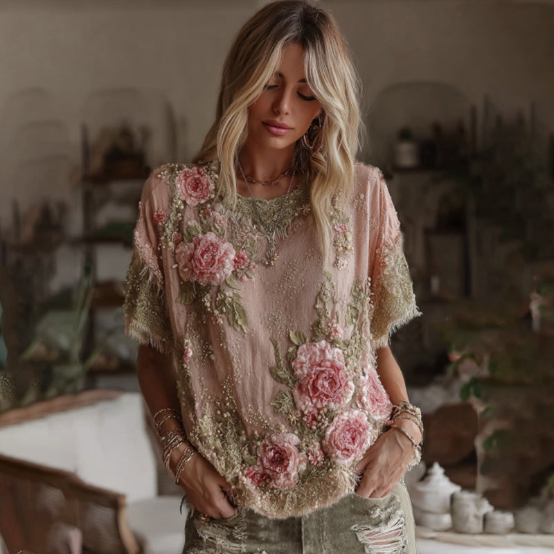 Women's Vintage Floral Art Linen Crew Neck Comfy T-shirt