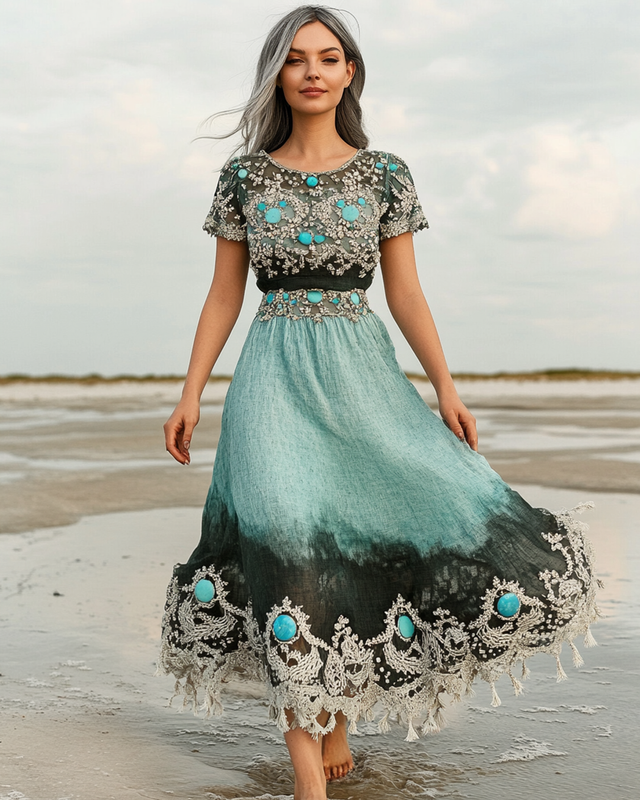Summer Vacation Seaside Turquoise Beaded Linen Dress e9ab