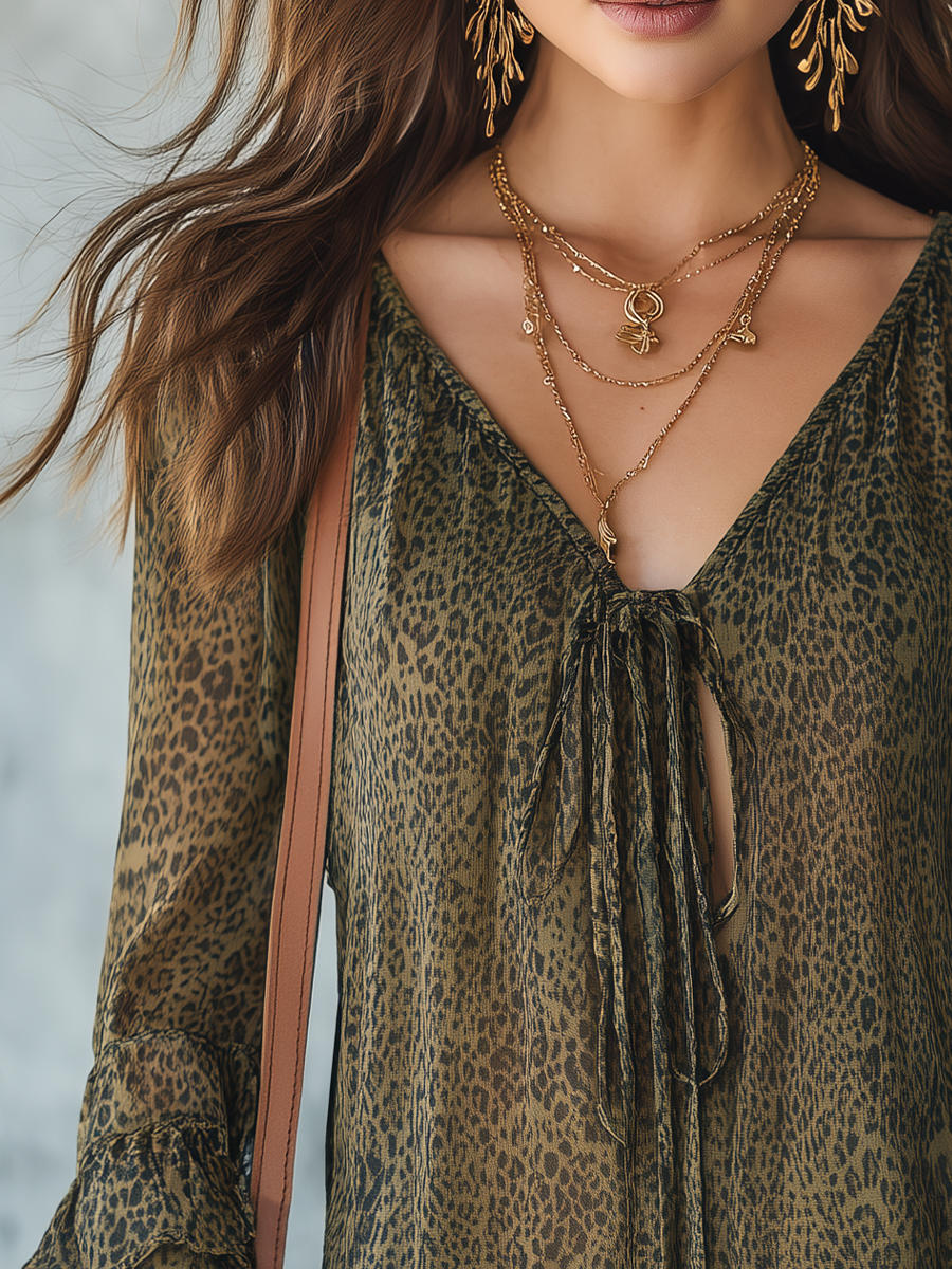 Elegant Olive Leopard Ruffle Sleeve Blouse